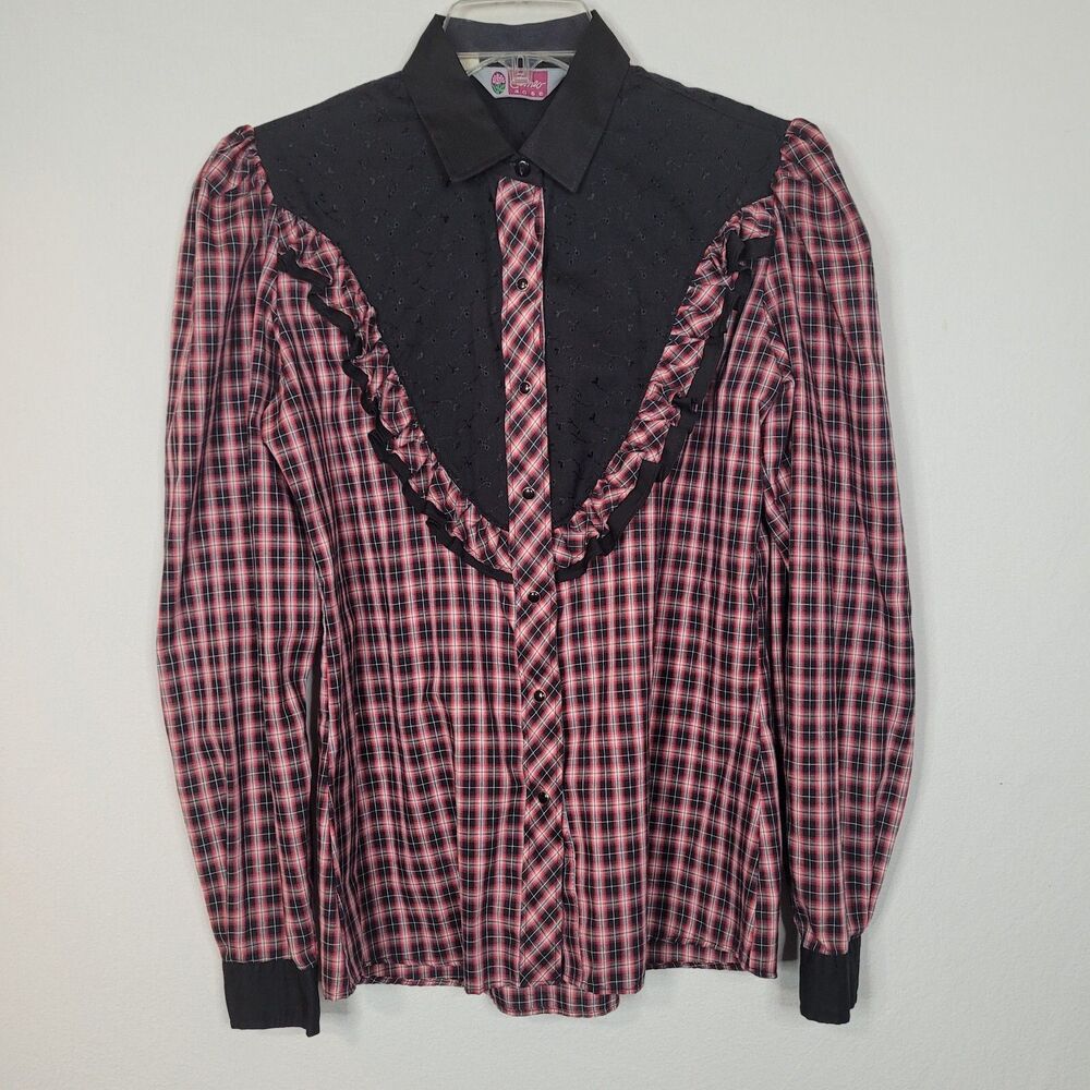 VTG Cameo Rose Pink Black Ruffle Top Womens 13/14 Rockabilly Rodeo Snap Shirt